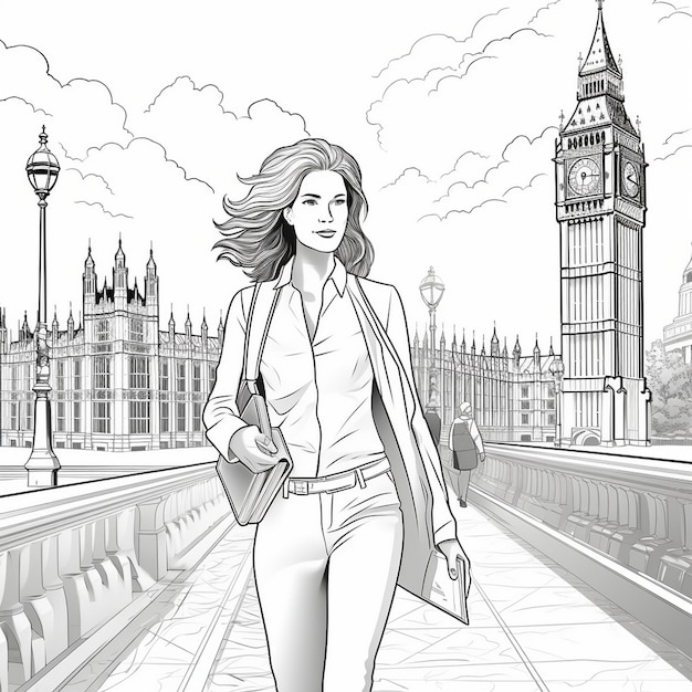 Um desenho de uma mulher a caminhar por uma calçada com o Big Ben ao fundo.