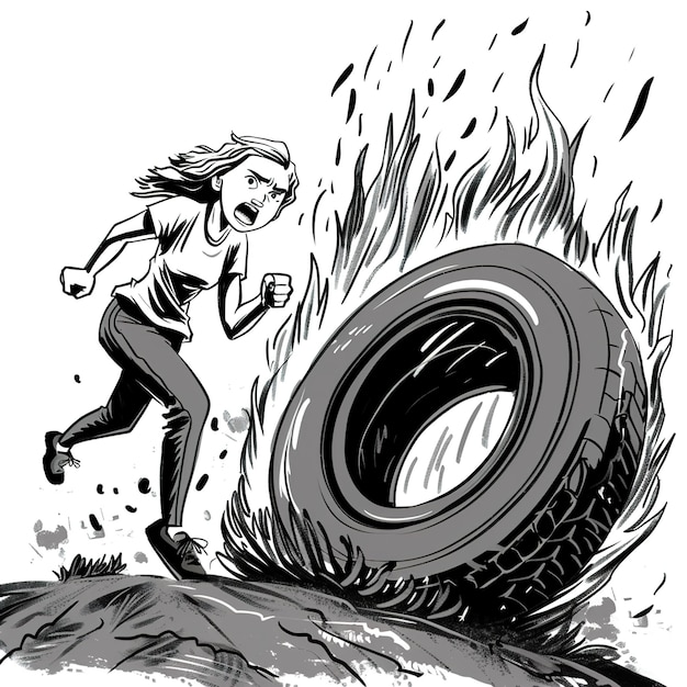 Um desenho de uma mulher a correr sobre um pneu que tem a palavra nele