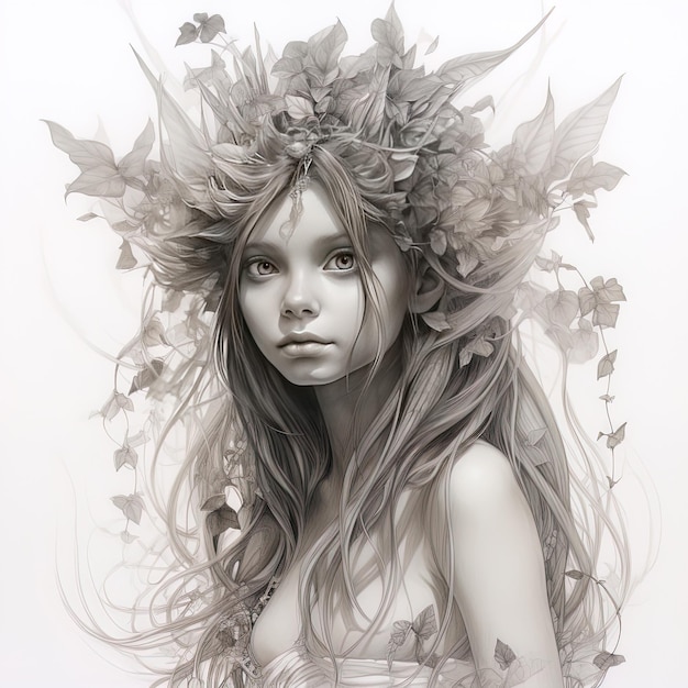Um desenho de uma mulher com cabelo comprido e uma flor no cabelo.