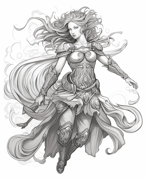 Foto um desenho de uma mulher com cabelo longo e armadura generativa ai
