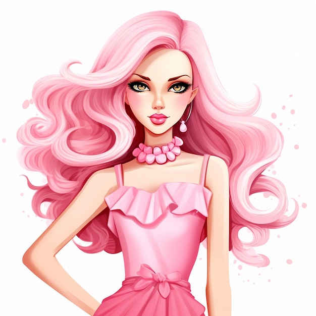 um desenho de uma mulher com cabelo rosa e um vestido rosa com cabelo rosa.