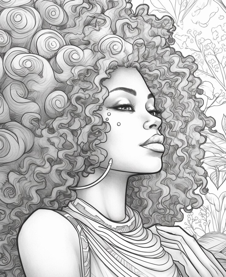 Foto um desenho de uma mulher com cabelos cacheados e um colar generativo ai