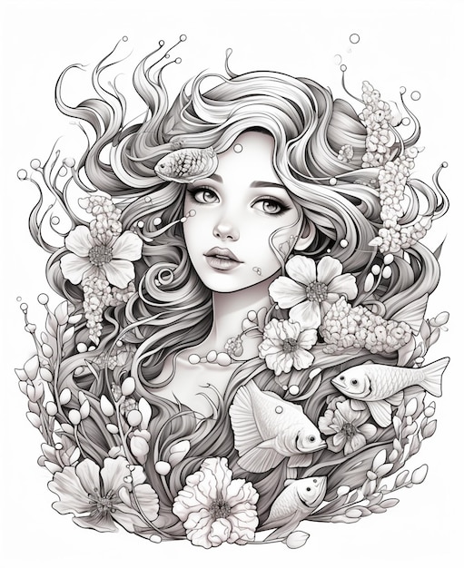 um desenho de uma mulher com cabelos longos e flores generativas ai