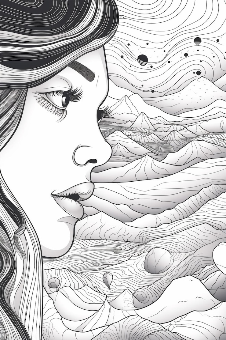Foto um desenho de uma mulher com cabelos longos e um chapéu generativo ai