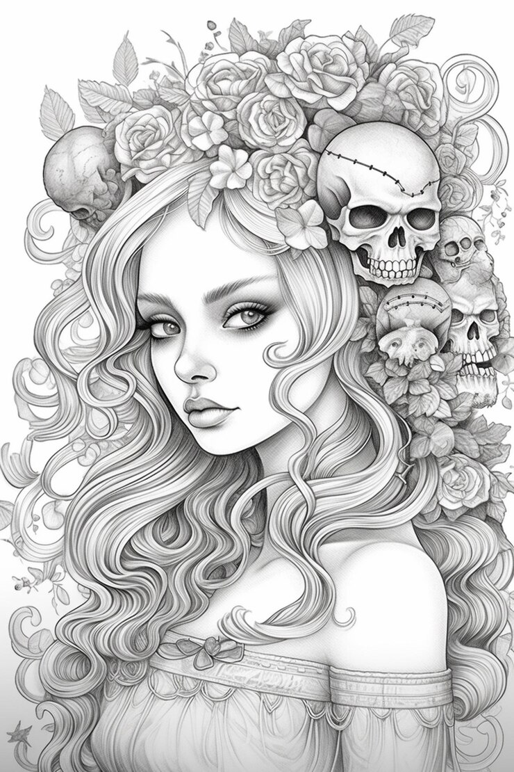 Foto um desenho de uma mulher com caveiras e rosas no cabelo generativa ai