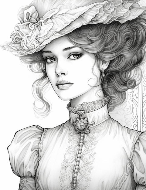 um desenho de uma mulher com chapéu e vestido generative ai