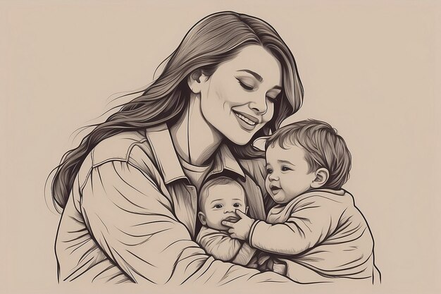 um desenho de uma mulher com dois bebês