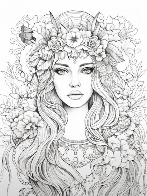 Foto um desenho de uma mulher com flores em seu cabelo generativo ai