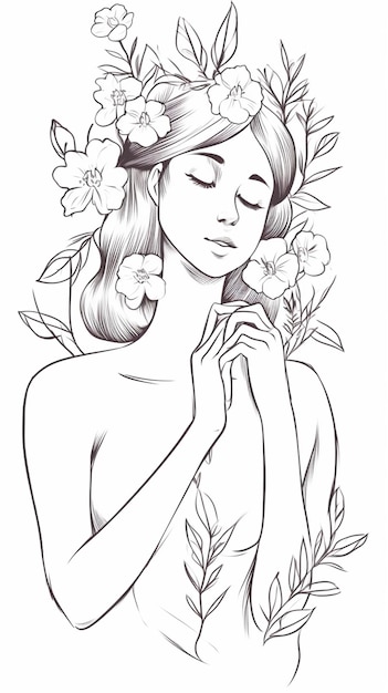 Um desenho de uma mulher com flores na cabeça