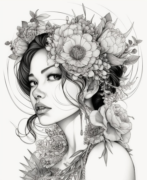 Um desenho de uma mulher com flores na cabeça.