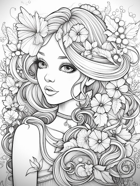 Foto um desenho de uma mulher com flores no cabelo generativo ai