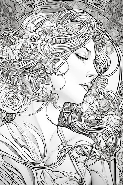 um desenho de uma mulher com flores no cabelo generativo ai