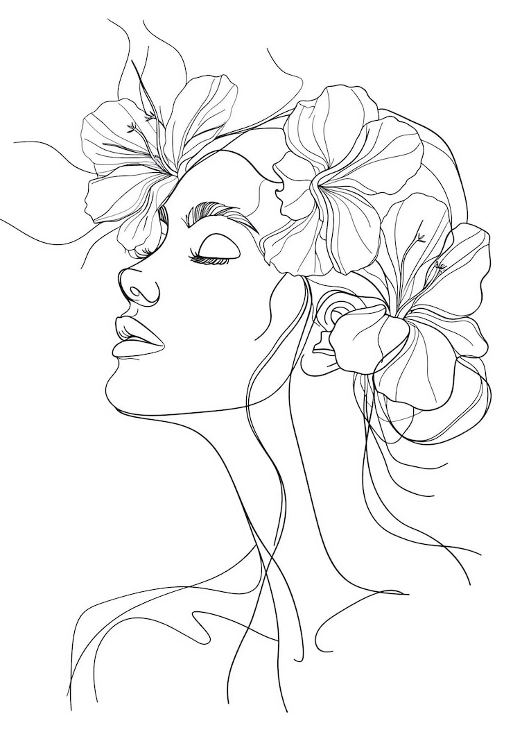 Foto um desenho de uma mulher com flores no cabelo