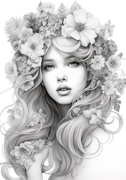 Um desenho de uma mulher com flores no cabelo.