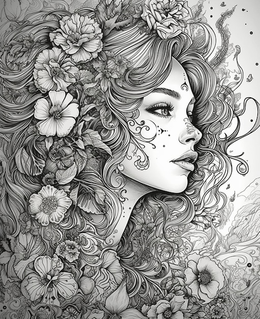 Um desenho de uma mulher com flores no rosto.