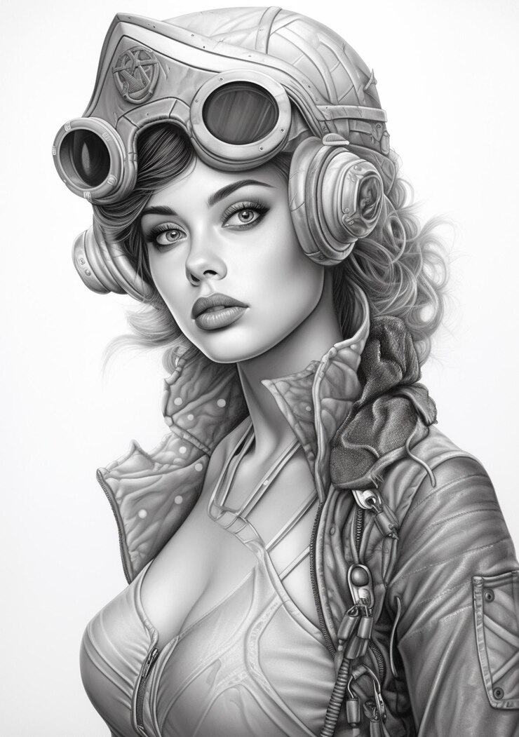 Foto um desenho de uma mulher com óculos de proteção na cabeça generativa ai