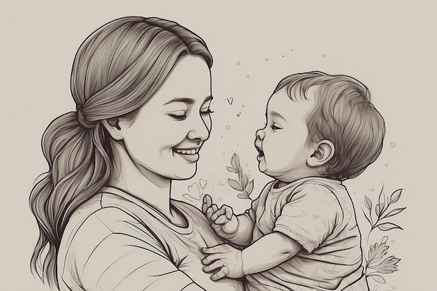 um desenho de uma mulher com um bebê e uma borboleta