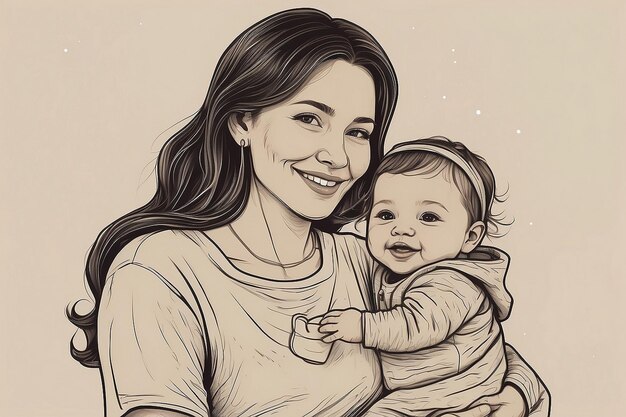 um desenho de uma mulher com um bebê nos braços