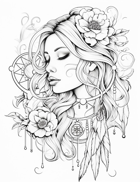 um desenho de uma mulher com um caçador de sonhos e flores generativo ai