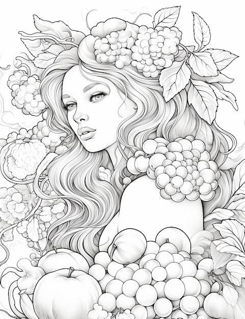Foto um desenho de uma mulher com um feixe de frutas na mão generativa ai