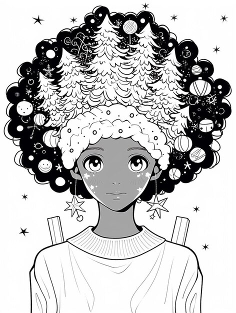 um desenho de uma mulher com um grande afro com muito cabelo generativo ai