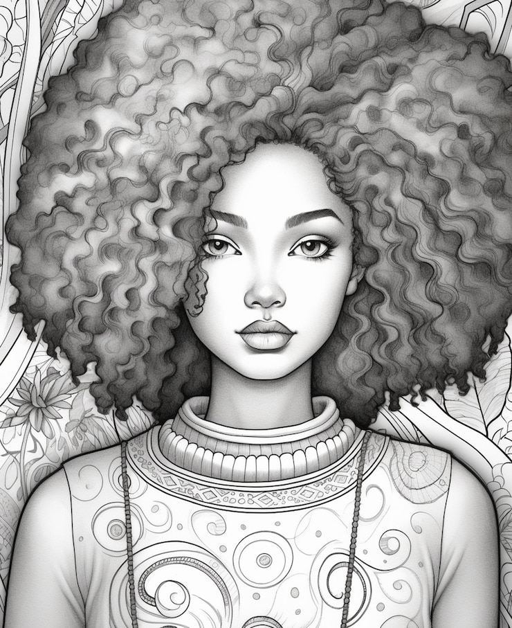 Foto um desenho de uma mulher com um grande afro com um colar generativo ai