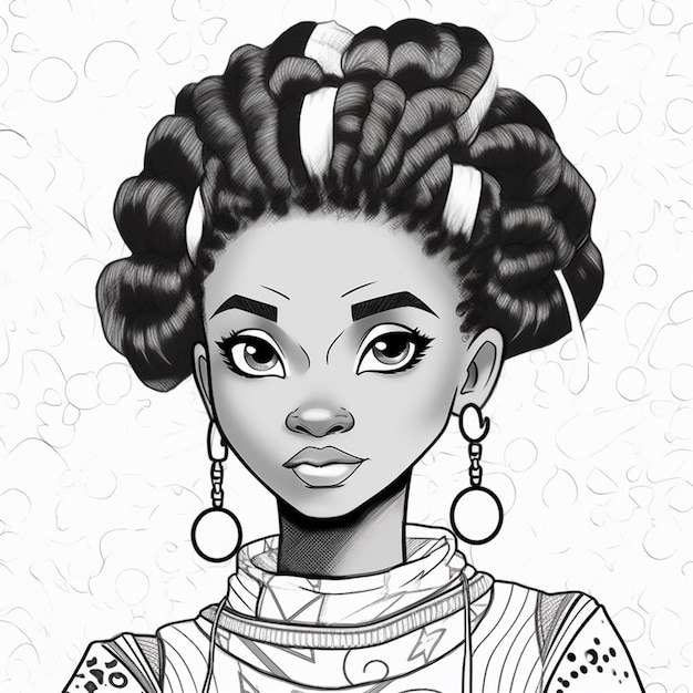 um desenho de uma mulher com um grande afro com um grande anel brincos generativo ai