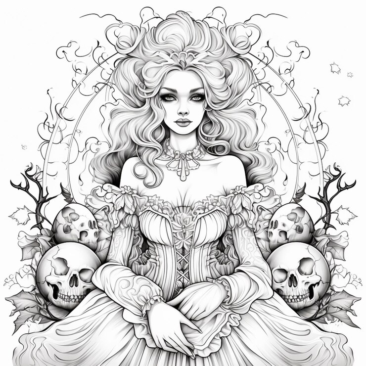 Foto um desenho de uma mulher com um vestido e caveiras generativas ai