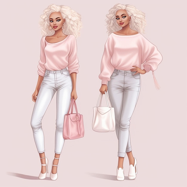 Um desenho de uma mulher com uma bolsa rosa e a bolsa dela.