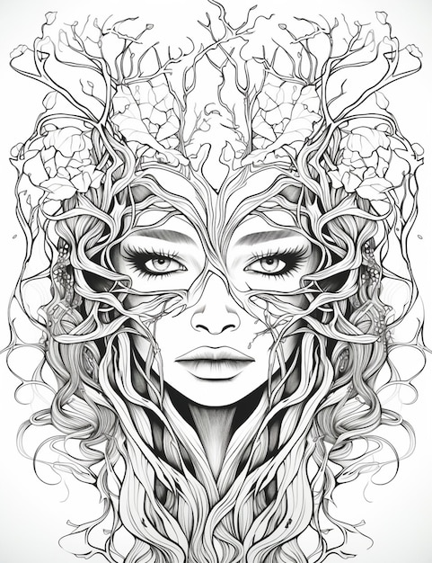 um desenho de uma mulher com uma coroa de flores na cabeça ai generativa
