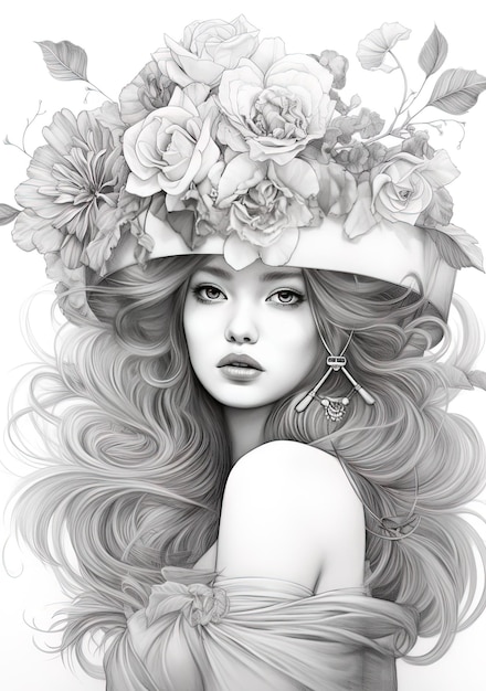 Um desenho de uma mulher com uma flor no cabelo.