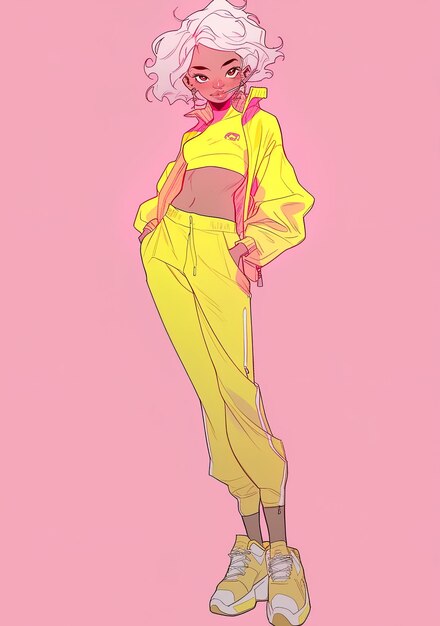 Foto um desenho de uma mulher de amarelo com cabelo rosa