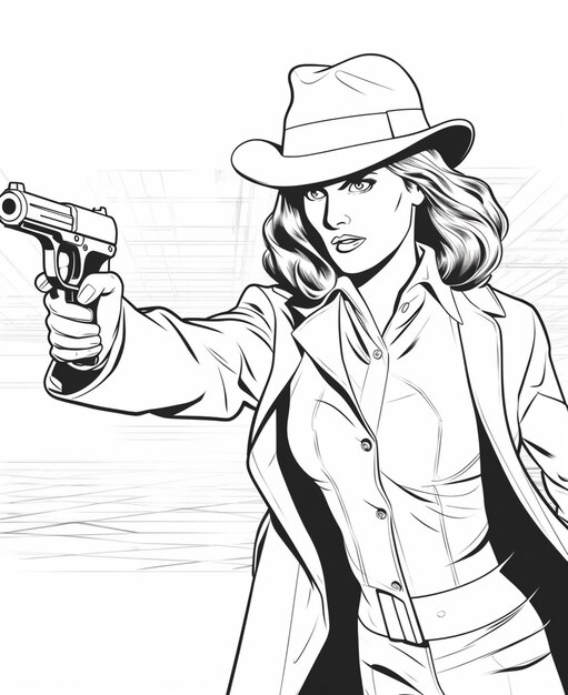 Foto um desenho de uma mulher de chapéu segurando uma arma generativa ai