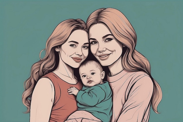 um desenho de uma mulher e um bebê com um bebê em seus braços