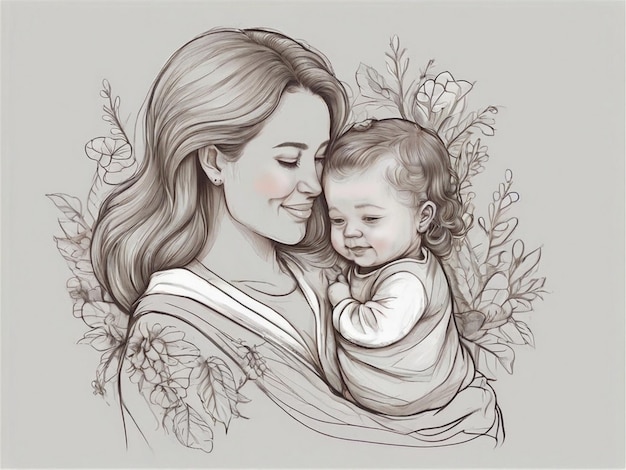 um desenho de uma mulher e um bebê com um fundo floral