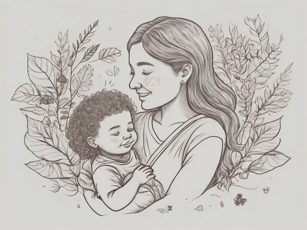 um desenho de uma mulher e um bebê com uma foto de uma mulher segurando um bebê