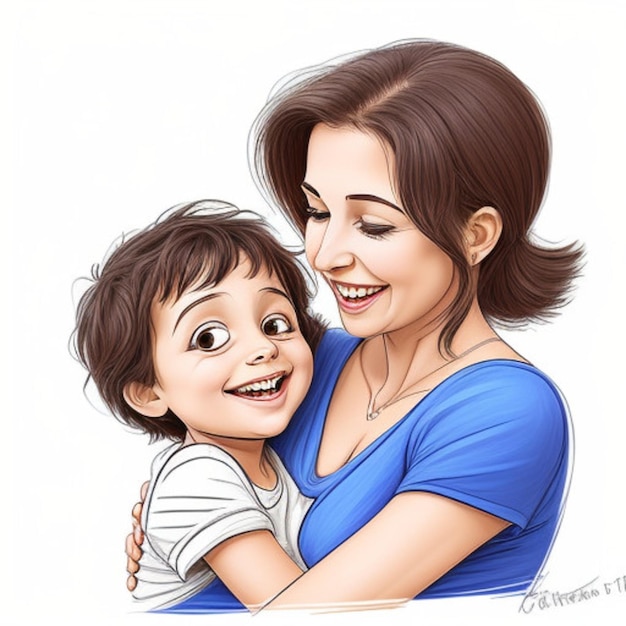 um desenho de uma mulher e uma criança com uma foto de uma mulher abraçando-a