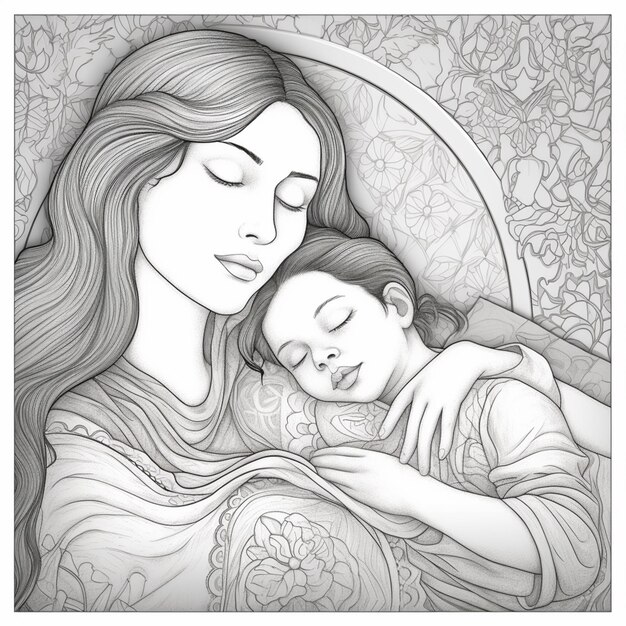 um desenho de uma mulher e uma criança dormindo juntos