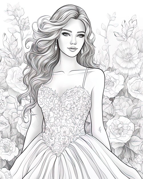 um desenho de uma mulher em um vestido branco com flores no fundo