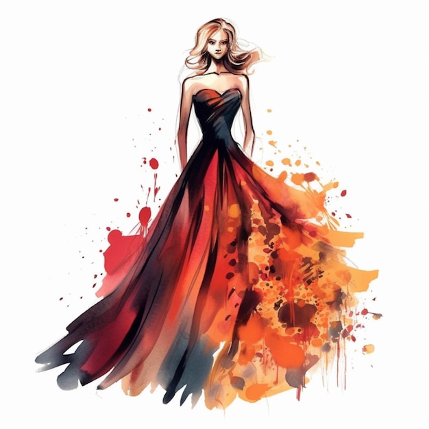 Um desenho de uma mulher em um vestido com um vestido vermelho e preto generativo ai