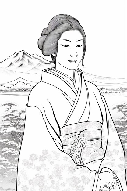 Foto um desenho de uma mulher em um vestido de kimono de pé na frente de uma montanha generativa ai