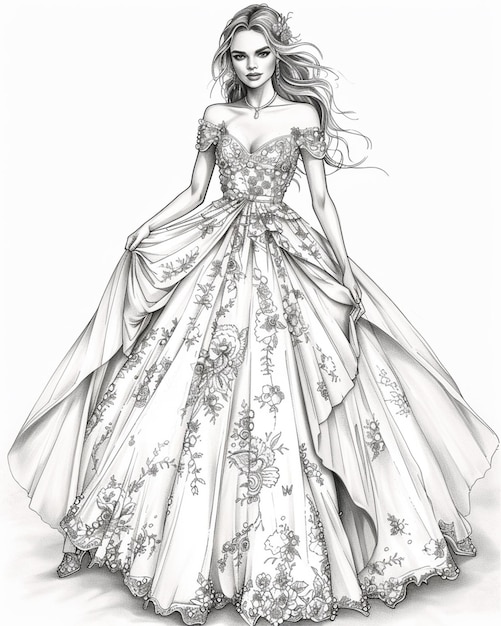 um desenho de uma mulher em um vestido de noiva com um trem generativo ai