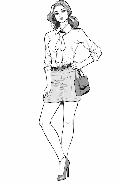 um desenho de uma mulher em uma camisa e calções com uma bolsa generativa ai