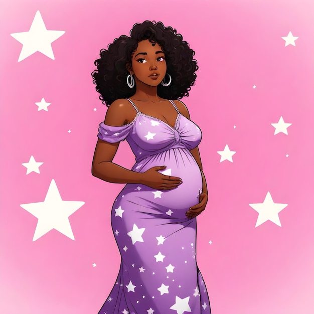 Foto um desenho de uma mulher grávida em um vestido roxo com estrelas nele