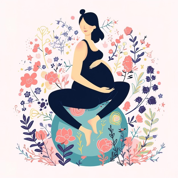Foto um desenho de uma mulher grávida sentada em uma bola com flores e uma foto de uma pessoa grávida