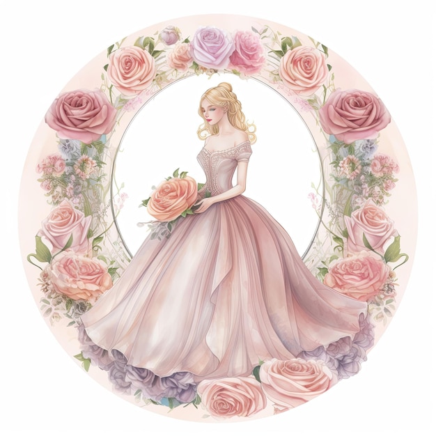 Um desenho de uma mulher loira em um vestido rosa segurando um buquê de rosas.