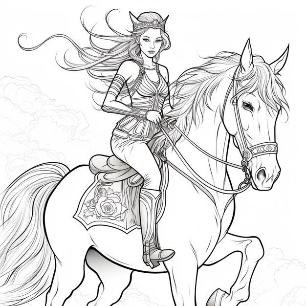 um desenho de uma mulher montando um cavalo com uma coroa na cabeça generativo ai