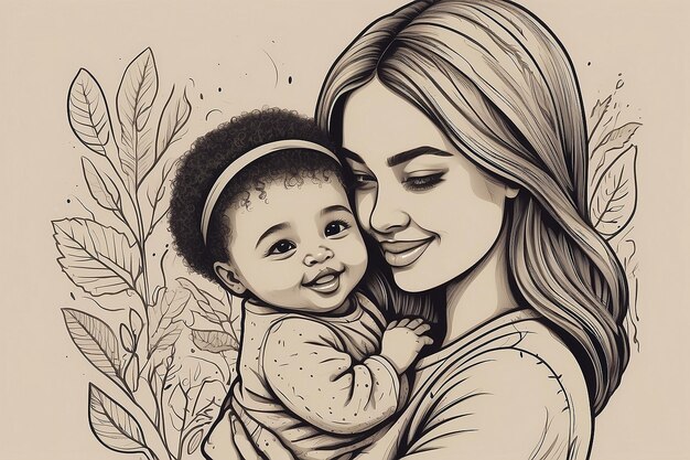 um desenho de uma mulher segurando um bebê com uma foto de uma mulher pegando ela