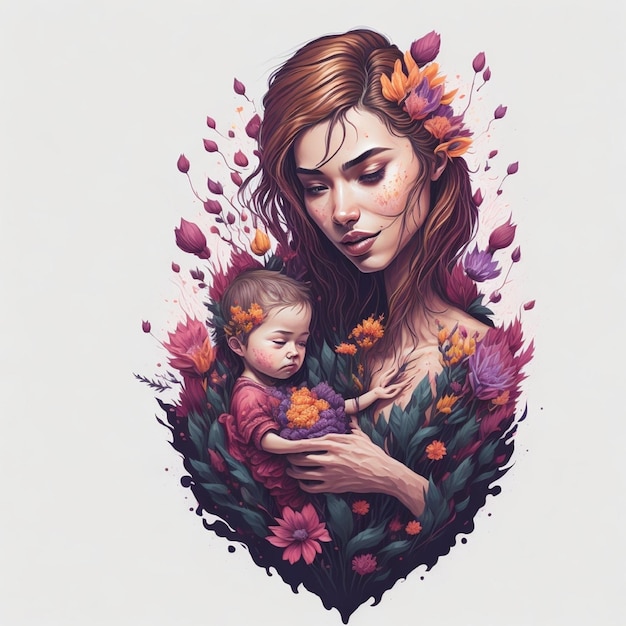 Um desenho de uma mulher segurando um bebê e a palavra amor nele