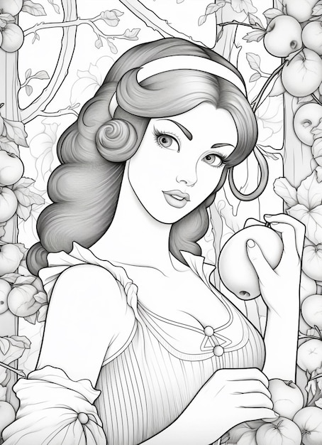 Foto um desenho de uma mulher segurando uma maçã em um jardim generativo ai